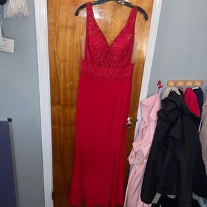 Long red beaded prom dress